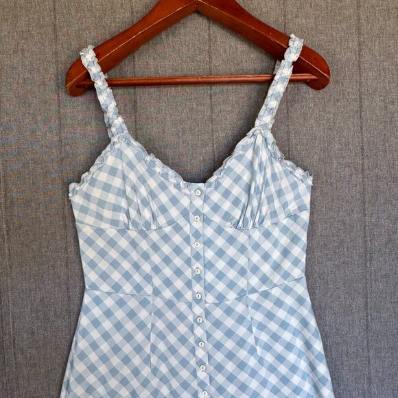 Urban Outfitters Sky Blue Ivory Gingham Print Elastic Spaghetti Strap Jumpsuit - Picture 5 of 14